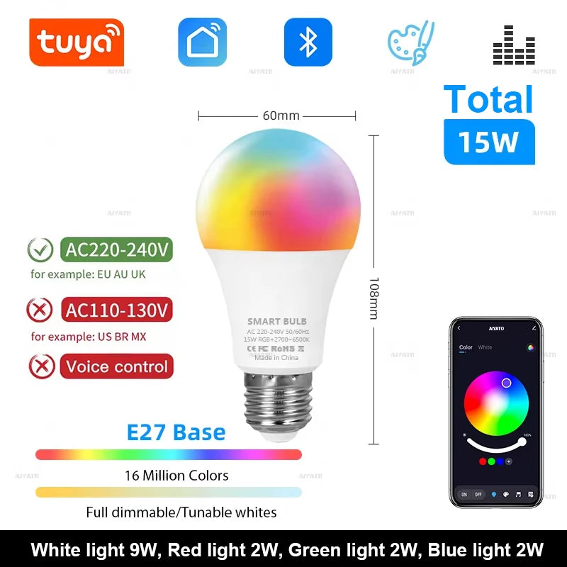 Tuya Bluetooth LED Bulb Dimmable 15W 18W E27 B22 220V RGBCW Color Change Lamps Smart Life APP Group Control Music Rhythm Timing