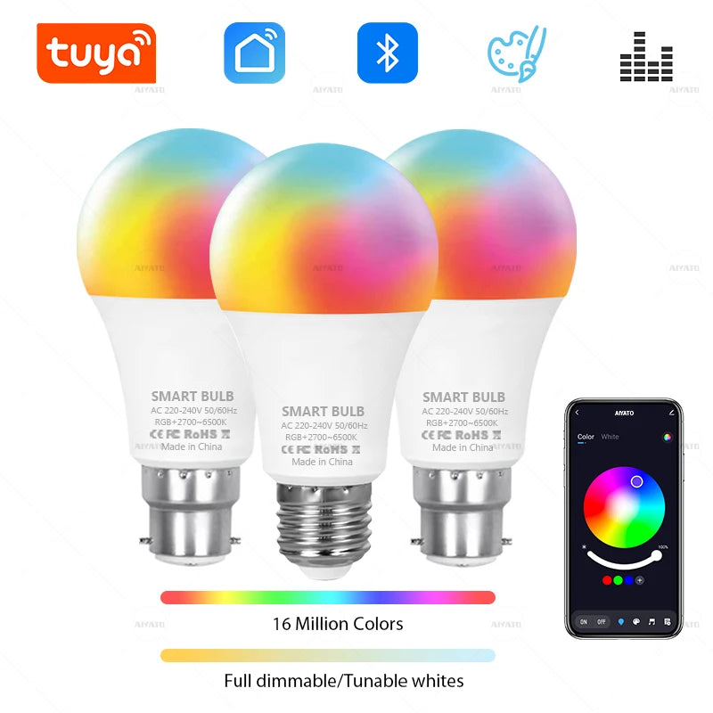 Tuya Bluetooth LED Bulb Dimmable 15W 18W E27 B22 220V RGBCW Color Change Lamps Smart Life APP Group Control Music Rhythm Timing